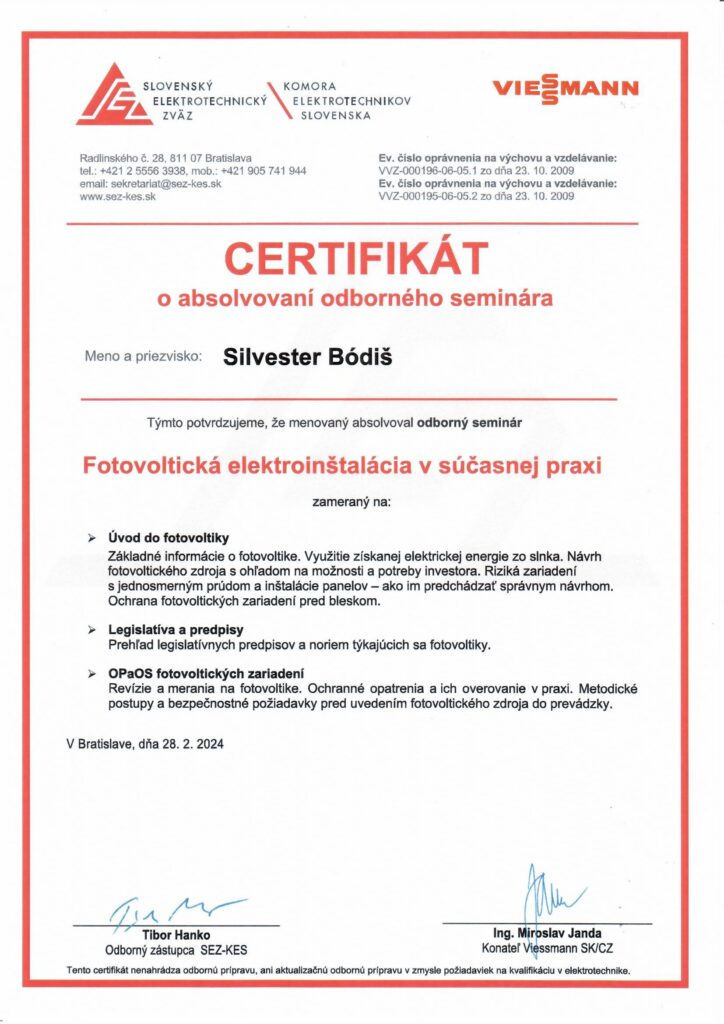 Certifikát Fotovoltika BRATEC