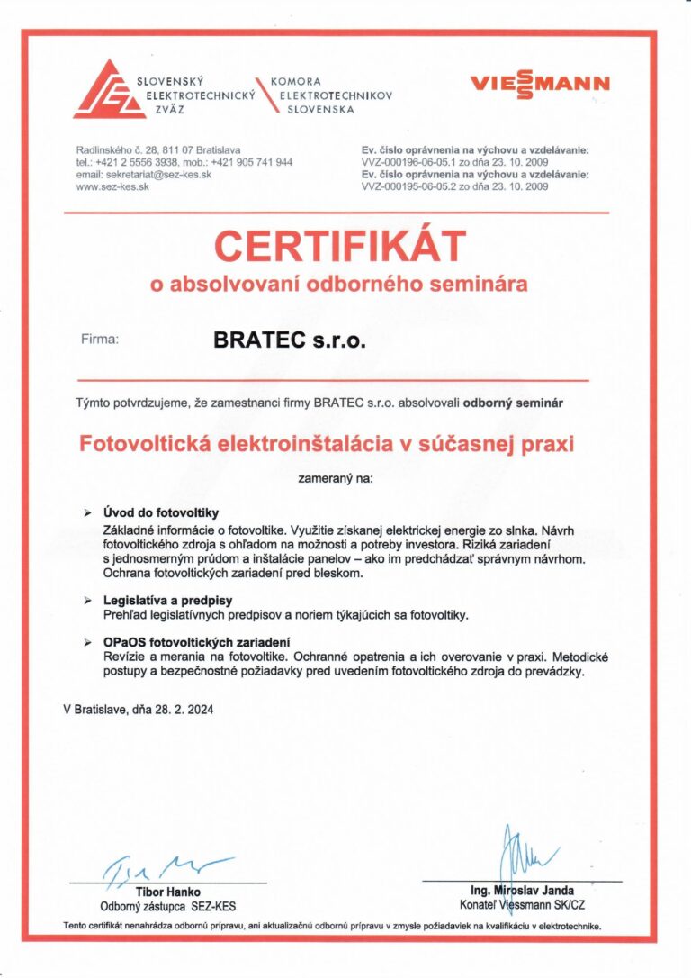 Certifikát Fotovoltika Silvester Bódiš